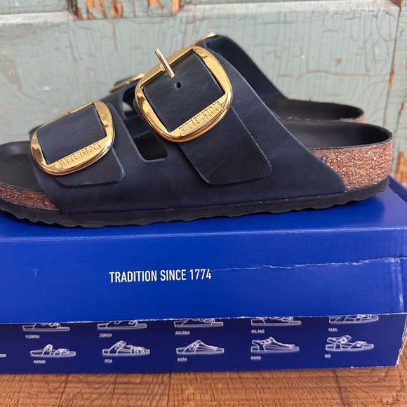 NIB Birkenstock Arizona Big Buckle Leather Navy Gold Womens 11 Narrow EU42 - Picture 12 of 13